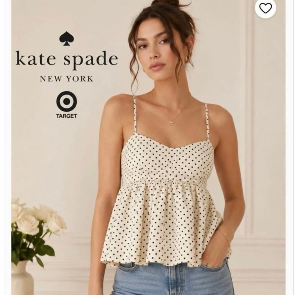 Kate Spade x Target Mini Polka Dot Linen Babydoll Tank Top Women M Cream Black